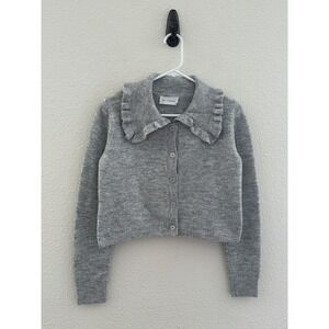 Self Contrast Grey Ruffle Collar Button Up Cardigan Sweater Boho Coquette XS